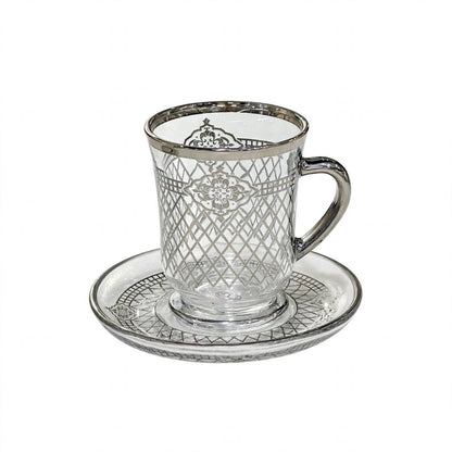 Glass Tea Cups & Saucers 12 Pcs Set Silver Pattern