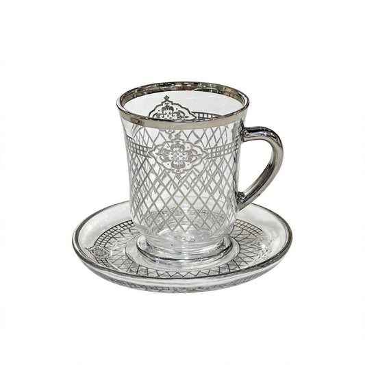 Glass Tea Cups & Saucers 12 Pcs Set Silver Pattern