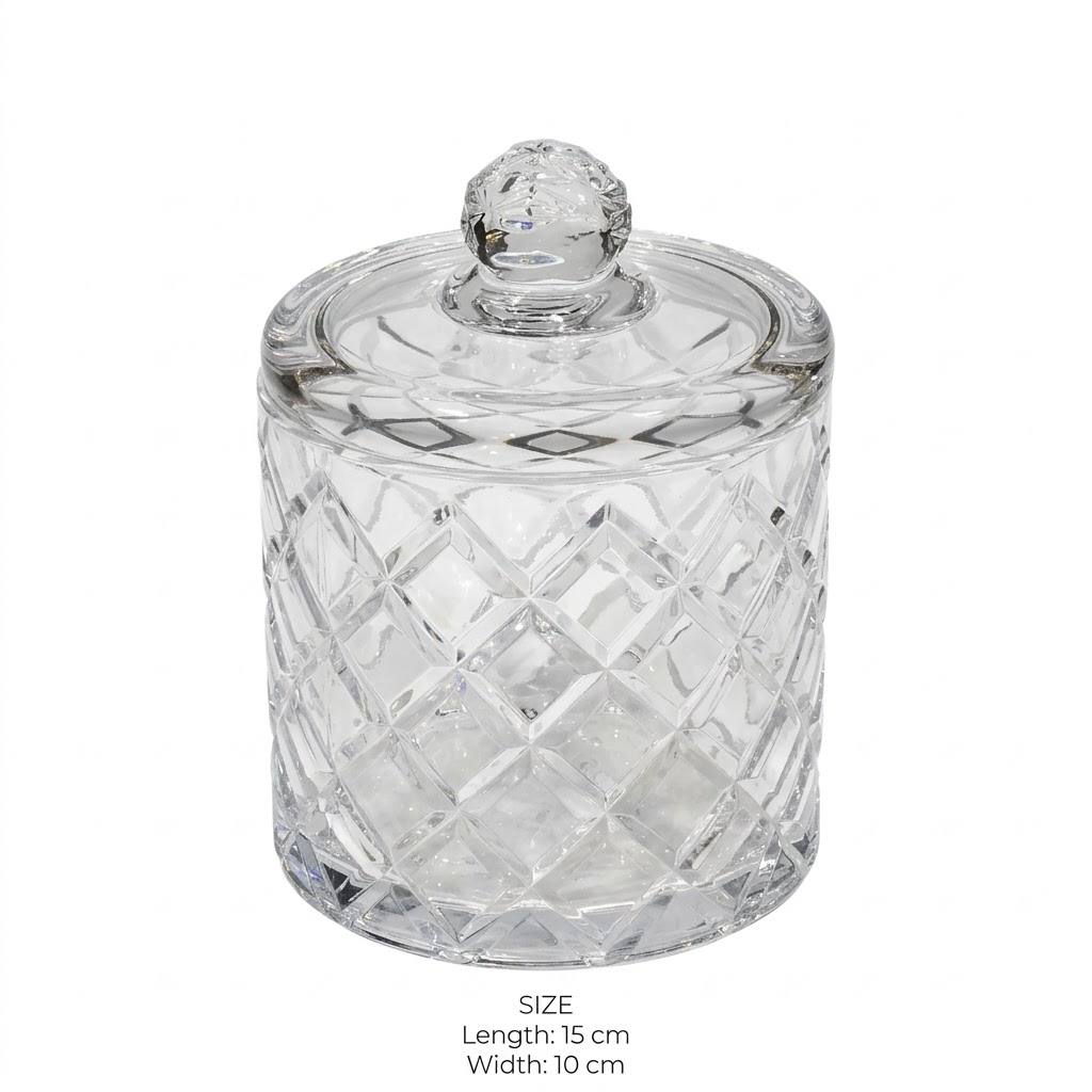 candy jar( S )c/diamond-y285Diamond Cut Glass Candy Jar with Lid – 15x10cm - Mawaeen