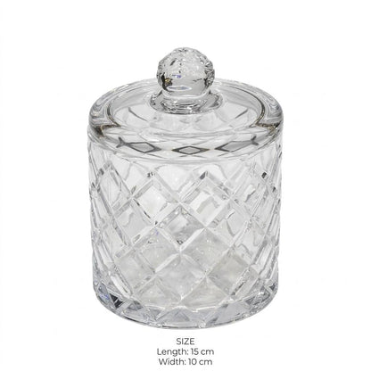 candy jar( S )c/diamond-y285Diamond Cut Glass Candy Jar with Lid – 15x10cm - Mawaeen