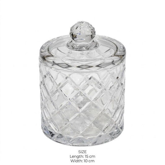 candy jar( S )c/diamond-y285Diamond Cut Glass Candy Jar with Lid – 15x10cm - Mawaeen