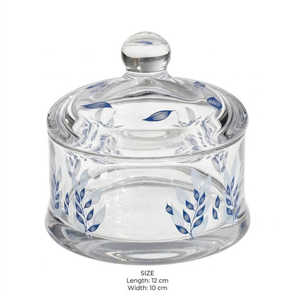 Blue Foliage Printed Glass Sugar Bowl with Lid – 12x10cm