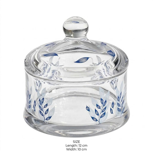 Blue Foliage Printed Glass Sugar Bowl with Lid – 12x10cm