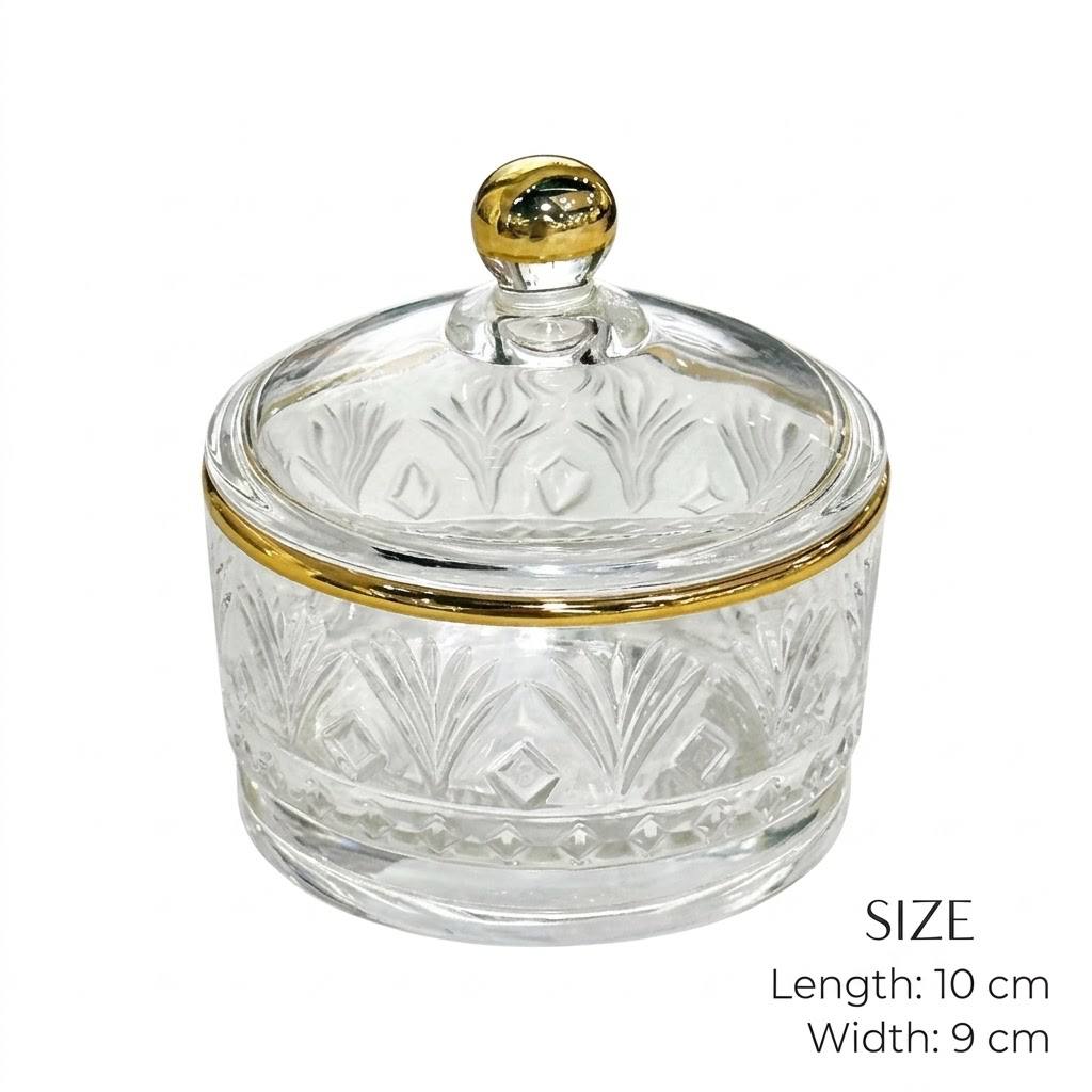 Gold Rim Cut Crystal Glass Sugar Bowl with Lid – 10x9cm