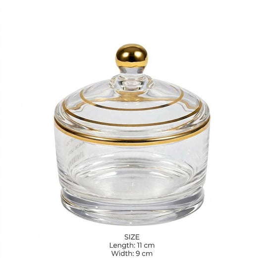 Gold Trim Banded Glass Sugar Bowl with Lid – 11x9cm