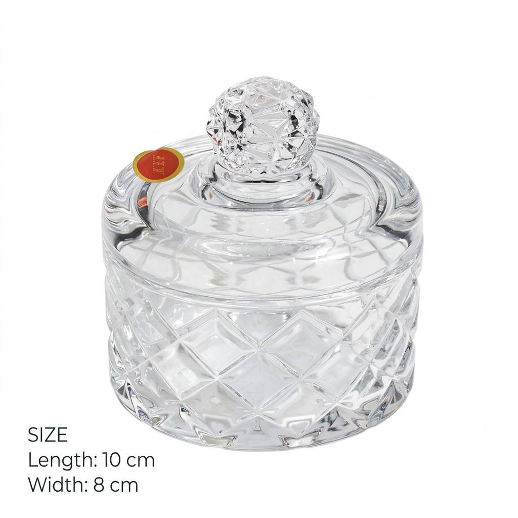 Prismatic Geometric Cut Crystal Glass Sugar Bowl with Lid – 10x8cm