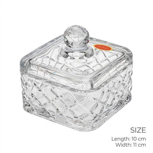 Square Diamond Cut Crystal Glass Sugar Bowl with Lid – 10x11cm