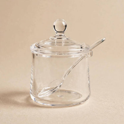 Shatterproof Clear Smooth Acrylic Sugar Pot with Lid & Spoon – 12x8cm