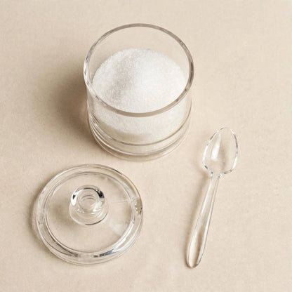 Shatterproof Clear Cylindrical Acrylic Sugar Pot with Lid & Spoon – 11x8cm
