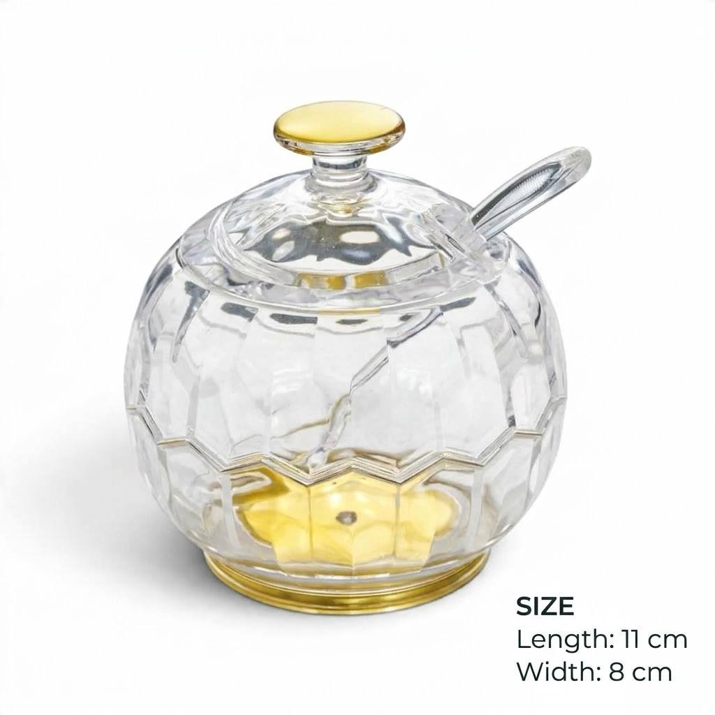Faceted Crystal-Look Acrylic Globe Sugar Pot with Gold Base & Spoon – 11x8cm