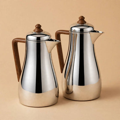 Al Saif Silver/Wood Arabic Coffee Thermal Dallah Set (2-Piece, 1L & 0.75L)