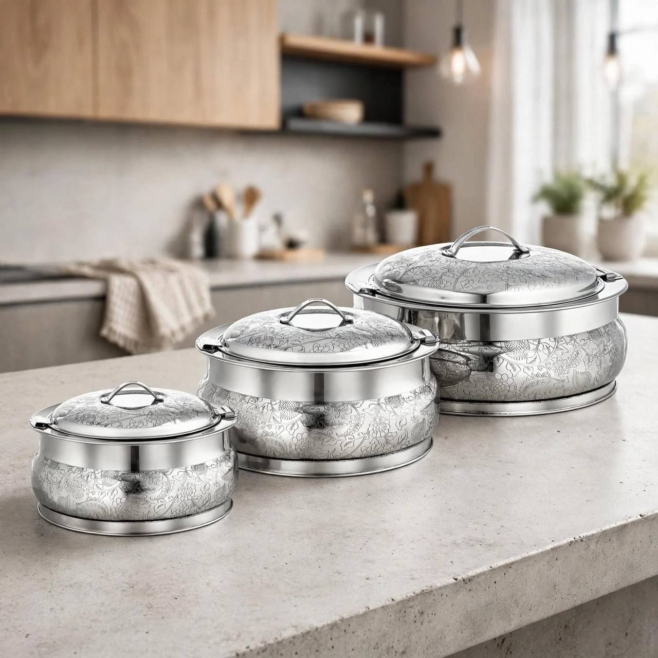 Al Marjan 3-Piece Deluxe Floral Etched Hotpot Serving Set in Silver (2.5L, 4.8L, 6L)