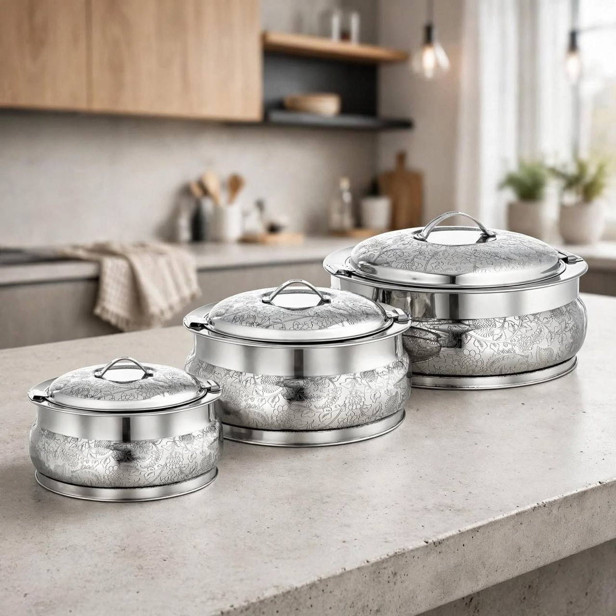Al Marjan 3-Piece Deluxe Floral Etched Hotpot Serving Set in Silver (2.5L, 4.8L, 6L)