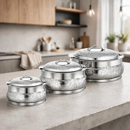 Al Marjan 3-Piece Deluxe Floral Etched Hotpot Serving Set in Silver (2.5L, 4.8L, 6L)