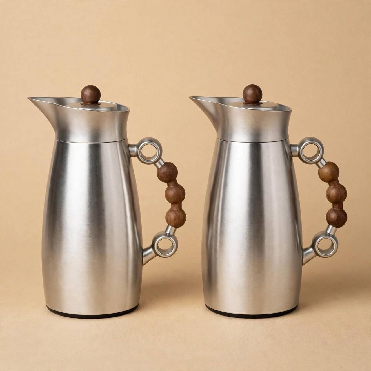 MAHRA Matt Silver & Wood 2-Piece Thermal Coffee & Tea Dallah Set (1L + 1L)