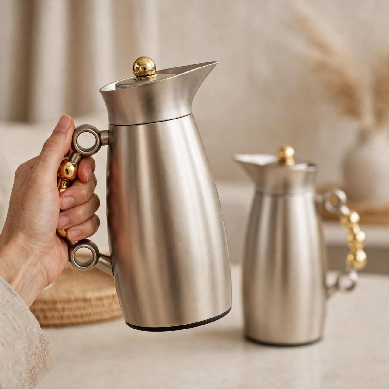 MAHRA Matt Nickel & Gold 2-Piece Thermal Coffee & Tea Dallah Set (1L + 1L)