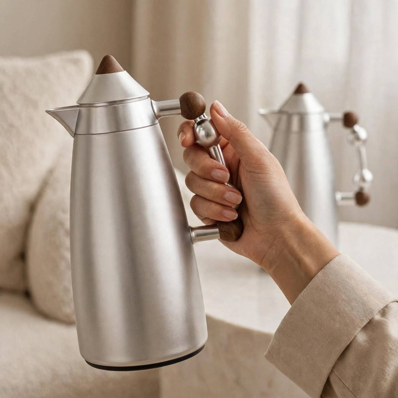 MAHRA Matt M/Silver & wood 2-Piece Thermal Coffee & Tea Dallah Set (1L + 1L)