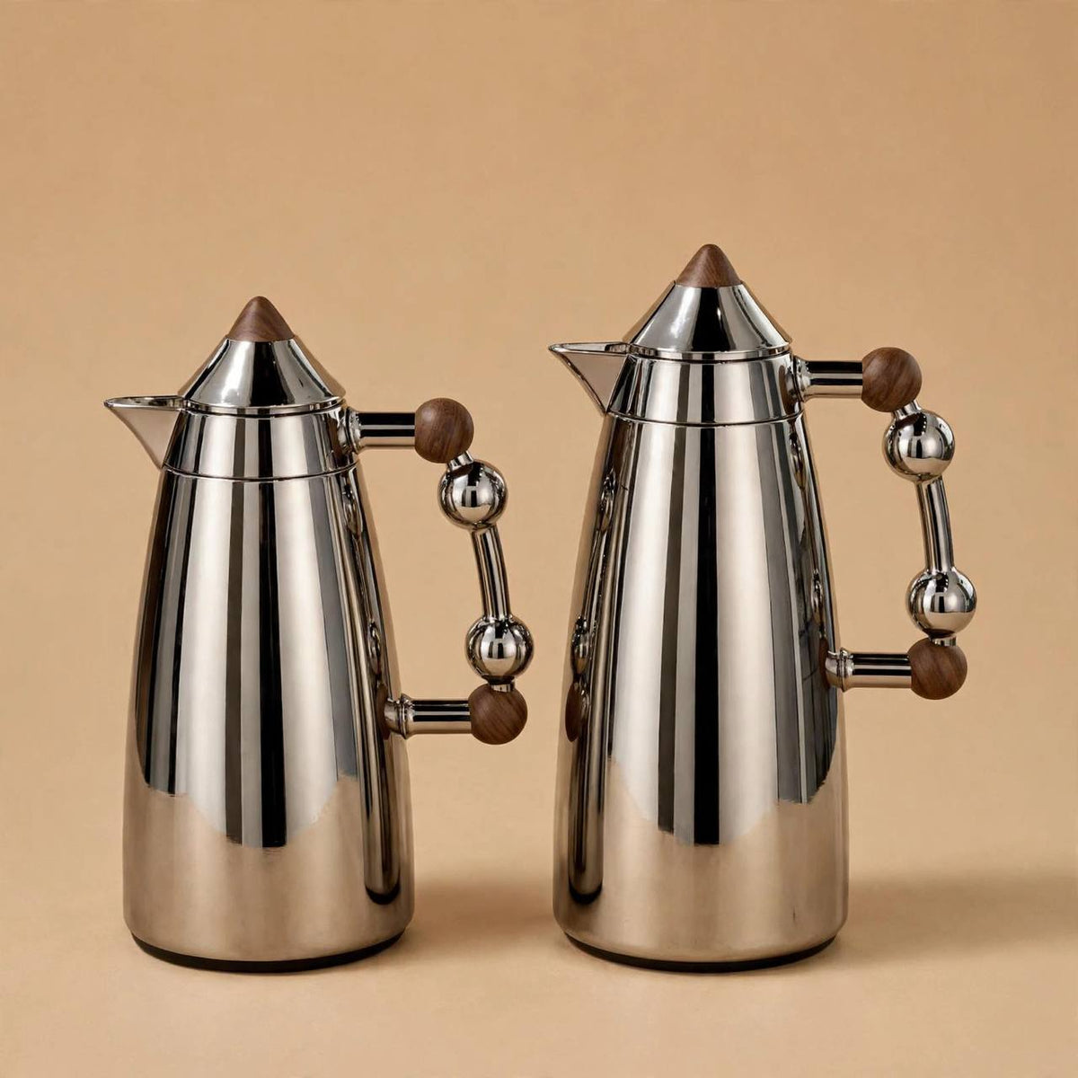 MAHRA Chrome & Wood 2-Piece Thermal Coffee & Tea Dallah Set (1L + 1L)