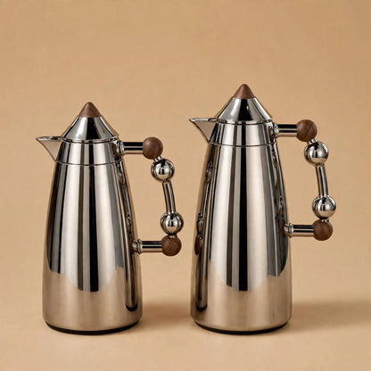 MAHRA Chrome & Wood 2-Piece Thermal Coffee & Tea Dallah Set (1L + 1L)