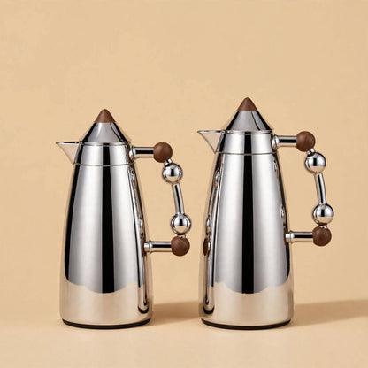 MAHRA Polished Silver & Wood 2-Piece Thermal Coffee & Tea Dallah Set (1L + 1L)