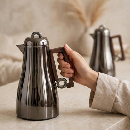 Al Marjan Chrome & Wood 2-Piece Thermal Coffee & Tea Dallah Set (1L + 0.70L)