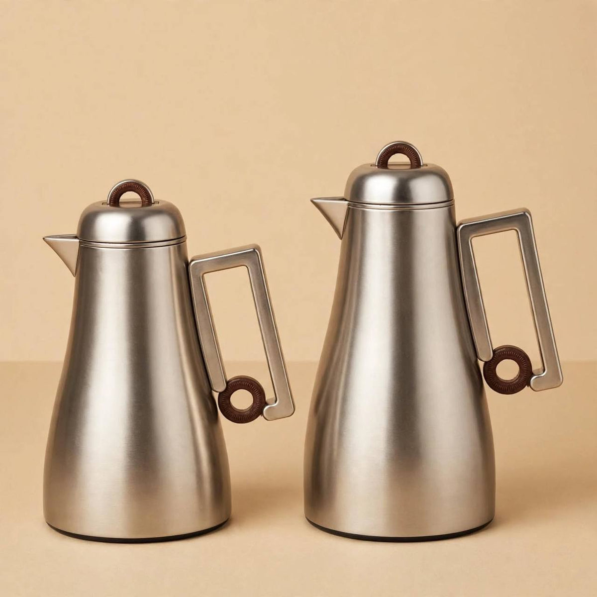 Al Marjan Matt Silver & Wood-Accented 2-Piece Thermal Coffee & Tea Dallah Set (1L + 0.70L)