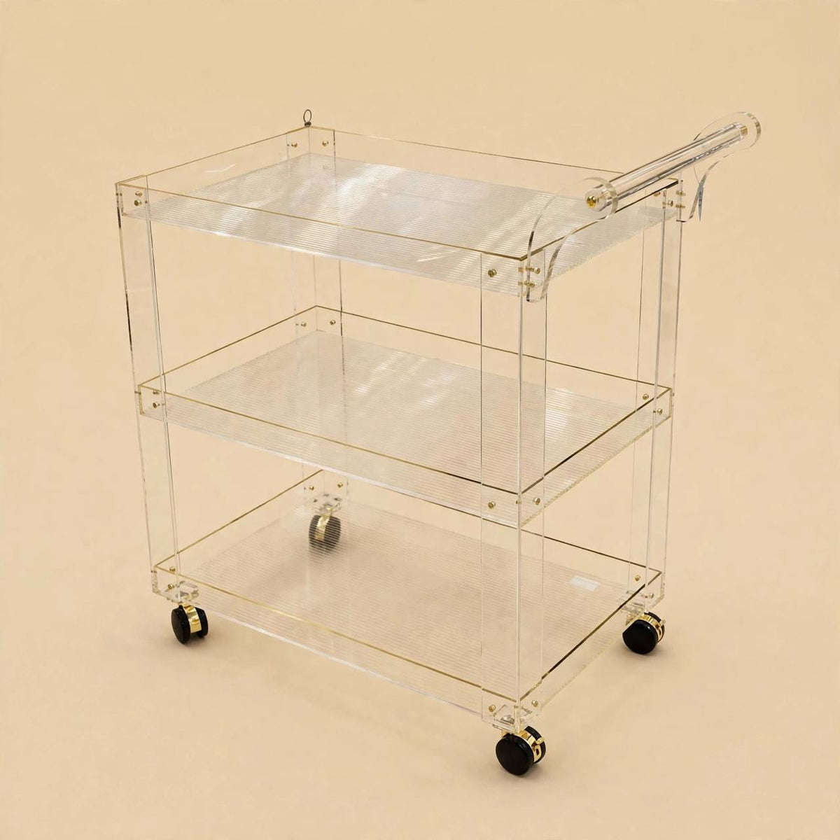 3-Tier Clear Acrylic Serving Trolley with Gold Accent Screws and Ribbed Shelves