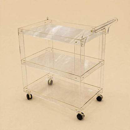 3-Tier Clear Acrylic Serving Trolley with Gold Accent Screws and Ribbed Shelves