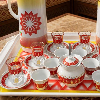 Heritage Crimson & Gold Geometric Tea & Coffee Hospitality Set with Sugar Bowl & Serving Tray