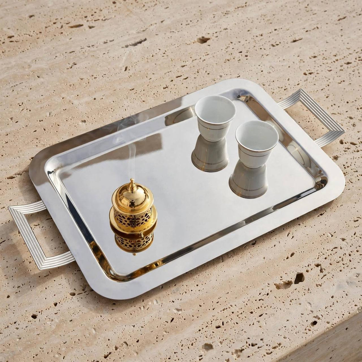 Modern Art Deco Chrome Stainless Steel Serving Tray with Fluted Geometric Handles – 59 × 32 cm