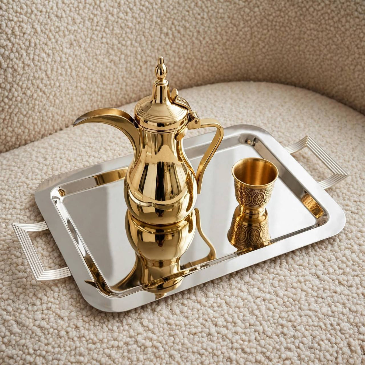 Modern Art Deco Chrome Stainless Steel Serving Tray with Fluted Geometric Handles – 59 × 32 cm