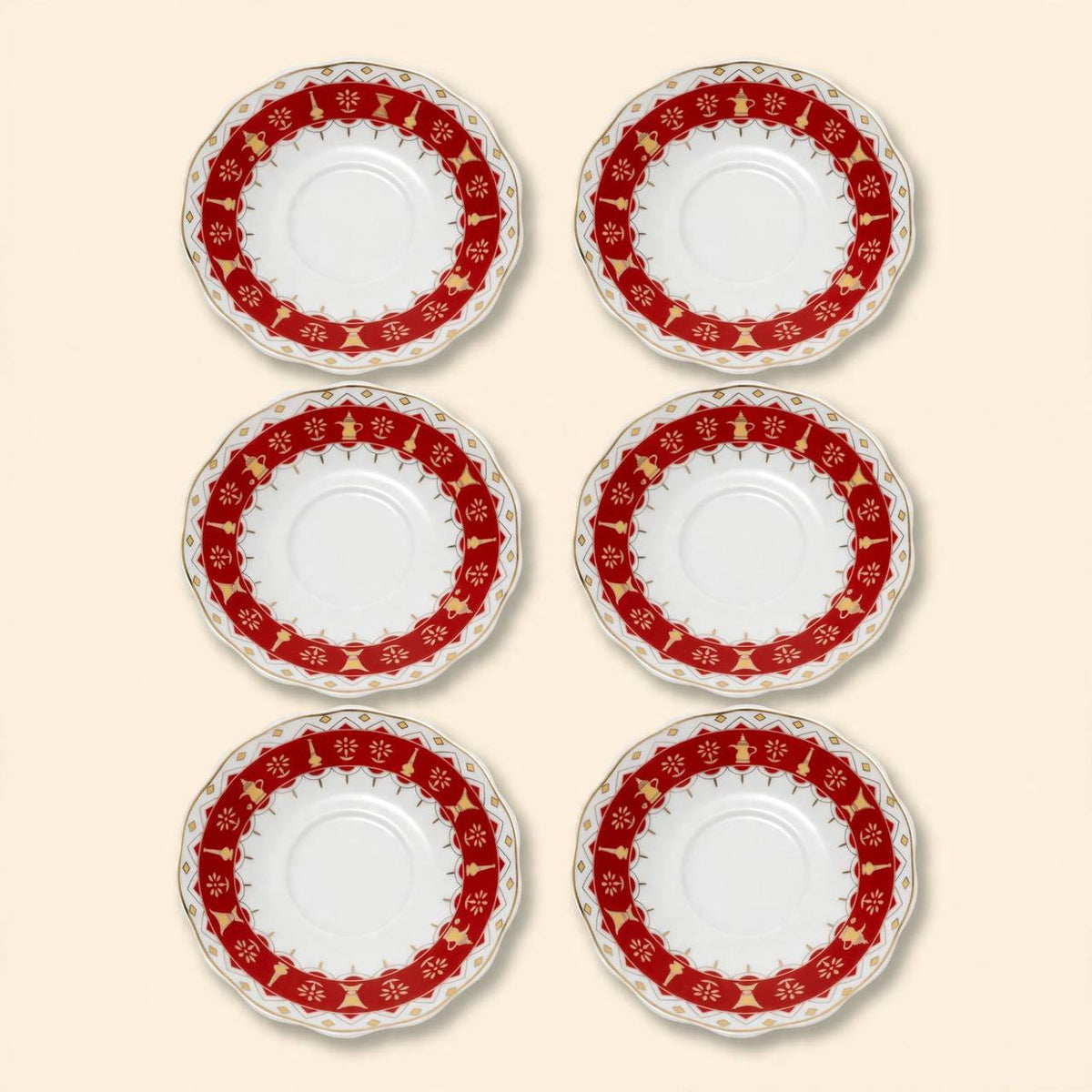 Heritage Crimson & Gold Geometric Tea & Coffee Hospitality Set with Sugar Bowl & Serving Tray