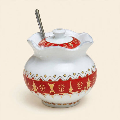 Heritage Crimson & Gold Geometric Tea & Coffee Hospitality Set with Sugar Bowl & Serving Tray
