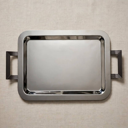 Modern Art Deco Chrome Stainless Steel Serving Tray with Fluted Silver Handles – 59 × 32 cm
