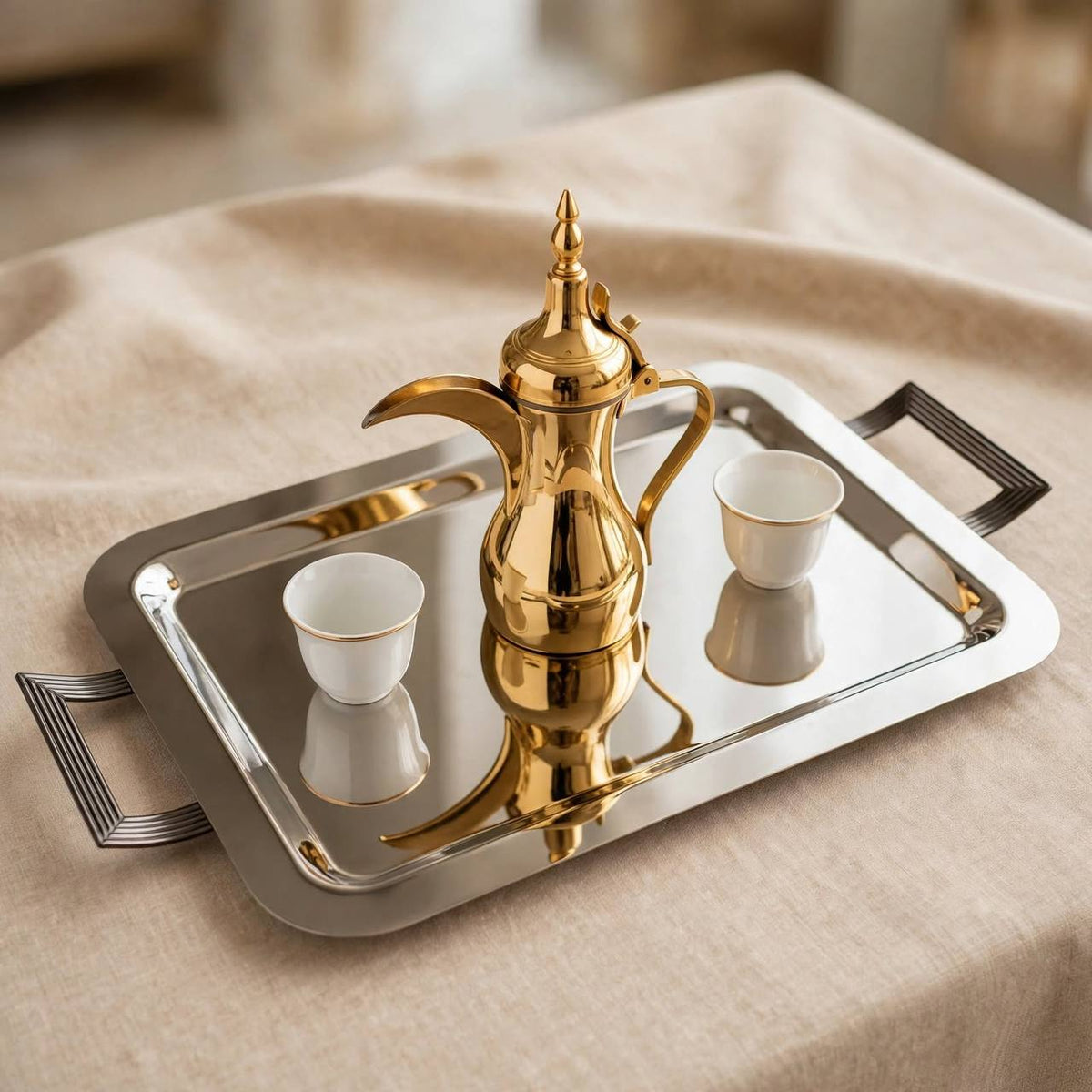 Modern Art Deco Chrome Stainless Steel Serving Tray with Fluted Silver Handles – 59 × 32 cm
