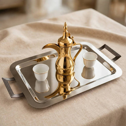 Modern Art Deco Chrome Stainless Steel Serving Tray with Fluted Silver Handles – 59 × 32 cm