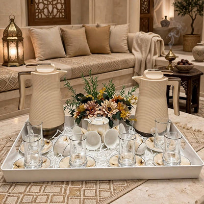 Modern Beige Wave Tea & Coffee Hospitality Set with Floral Porcelain, Sugar Pot, White Serving Tray & Autumn Centerpiece