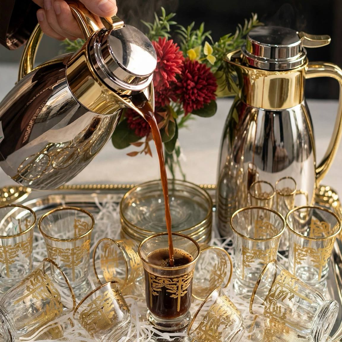 Royal Dual-Tone Chrome & Gold Tea and Coffee Hospitality Set with Gilded Palm Glassware, Baroque Tray & Crimson Bouquet