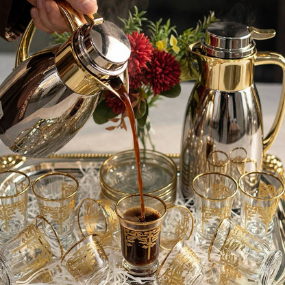Royal Dual-Tone Chrome & Gold Tea and Coffee Hospitality Set with Gilded Palm Glassware, Baroque Tray & Crimson Bouquet