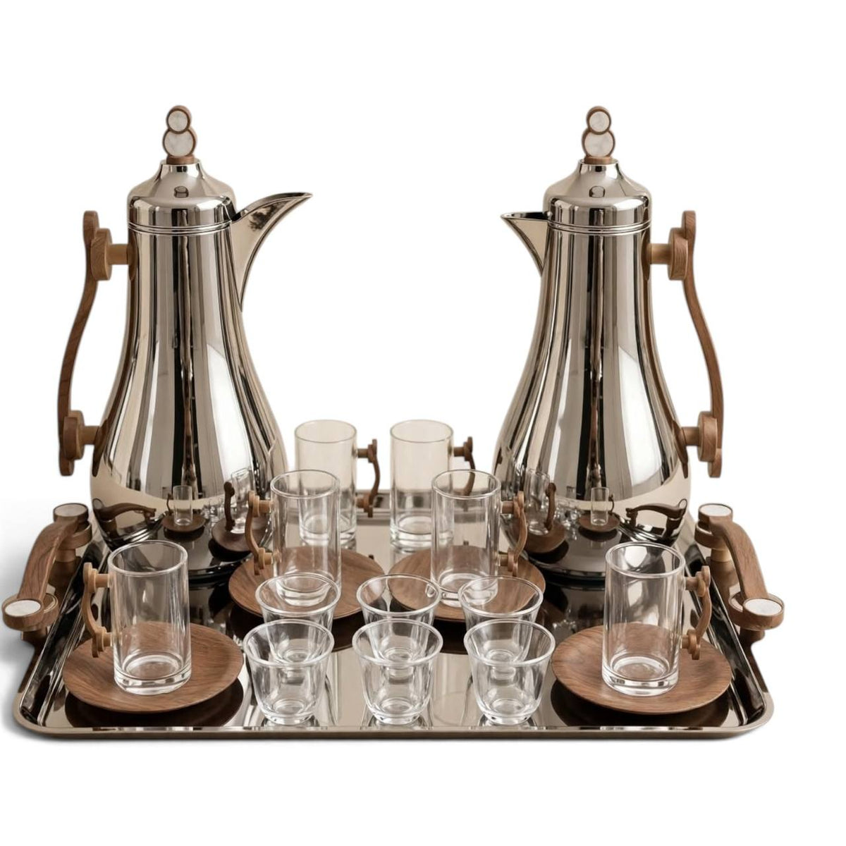 Modern Chrome & Wood Tea & Coffee Hospitality Set – 1.0L & 1.0L Thermal Carafes with 6 Wood-Handled Tea Glasses, Wooden Saucers, Cawa Cups & Mirrored Tray