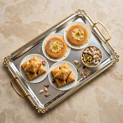 Royal Fluted Stainless Steel Serving Tray with Gilded Baroque Rim & Handles – 55 × 32 cm