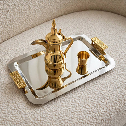 Modern Dual-Tone Stainless Steel Serving Platter with Textured Gold Handles – 51 × 32 cm