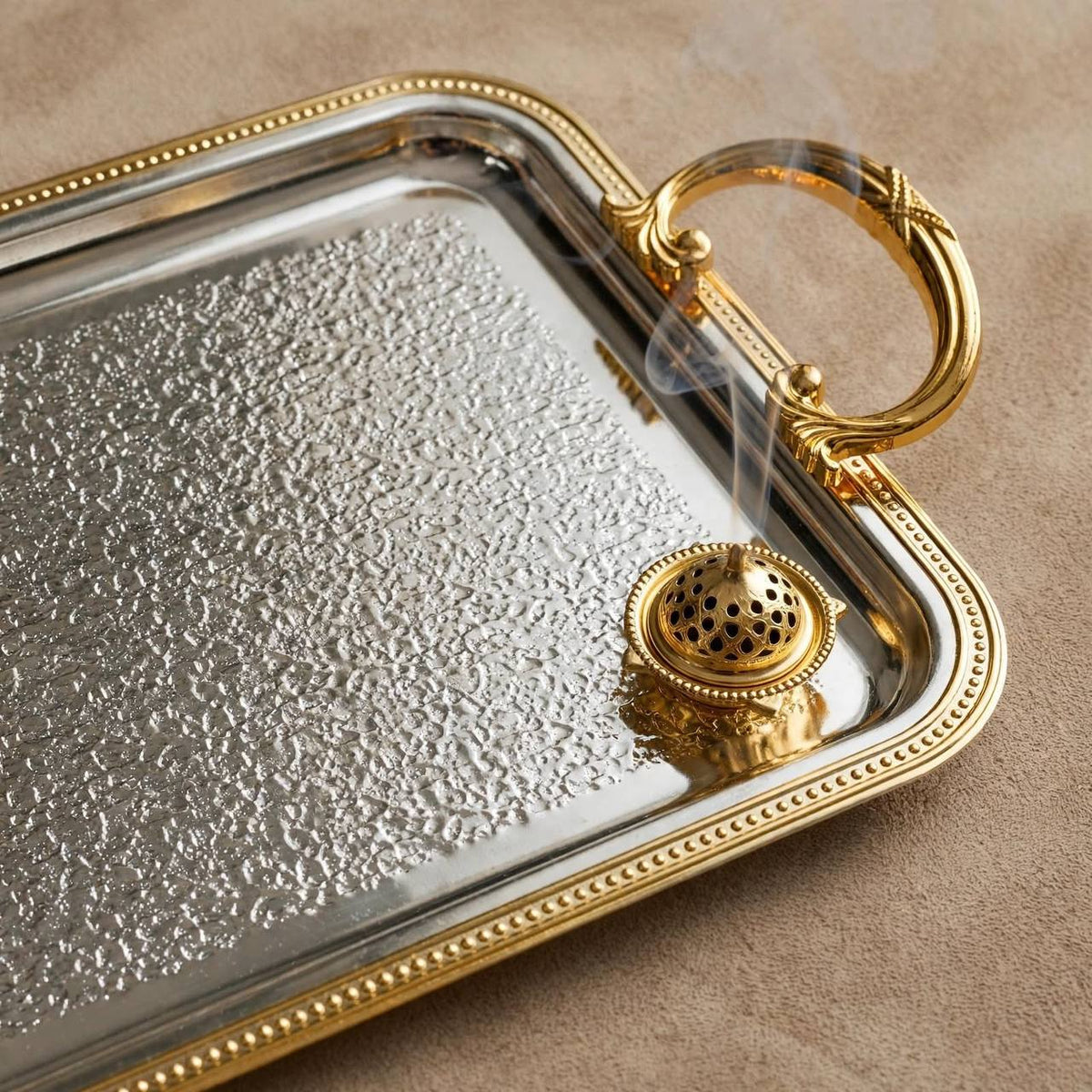 Royal Dual-Tone Stainless Steel Serving Platter with Hammered Base & Gilded Beaded Rim