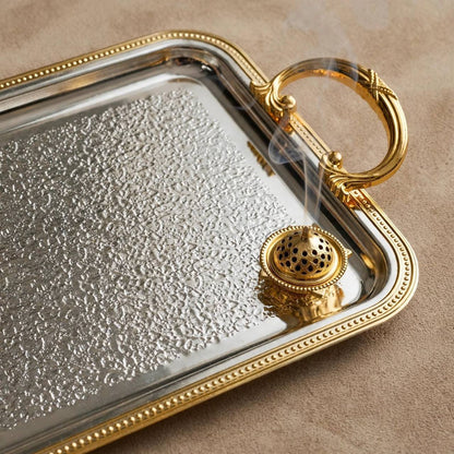 Royal Dual-Tone Stainless Steel Serving Platter with Hammered Base & Gilded Beaded Rim