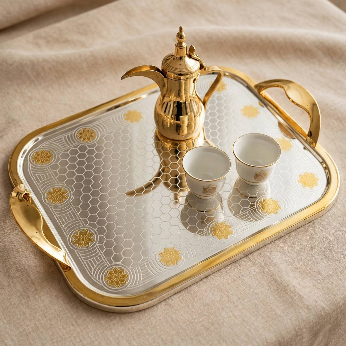 Royal Dual-Tone Stainless Steel 2-Piece Serving Tray Set with Honeycomb Pattern, Golden Floral Accents & Integrated Handles