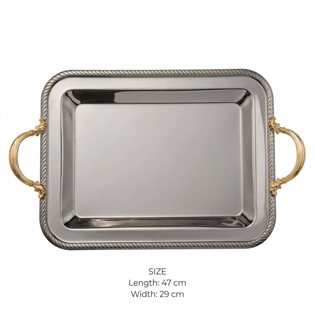 Royal Dual-Tone Stainless Steel Serving Tray with Braided Rope Rim & Gilded Baroque Handles