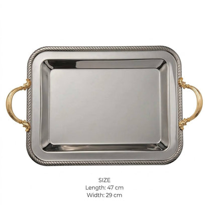 Royal Dual-Tone Stainless Steel Serving Tray with Braided Rope Rim & Gilded Baroque Handles
