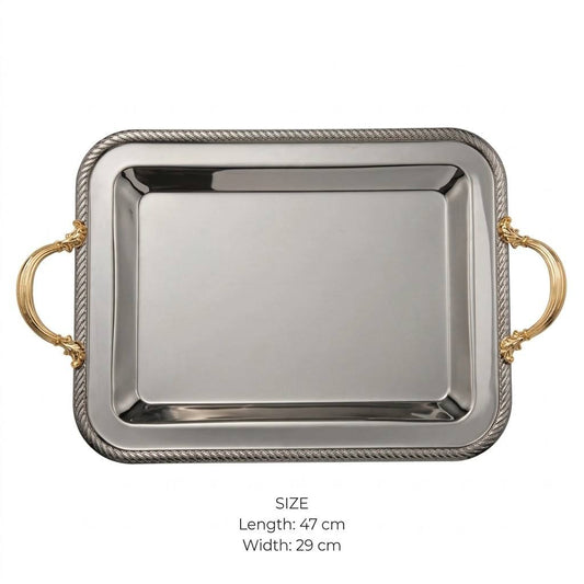 Royal Dual-Tone Stainless Steel Serving Tray with Braided Rope Rim & Gilded Baroque Handles