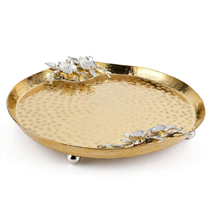 Turkish Gilded Round Serving Tray with Hammered Texture & Sculpted Silver Blossom Handles – 38 × 36 cm