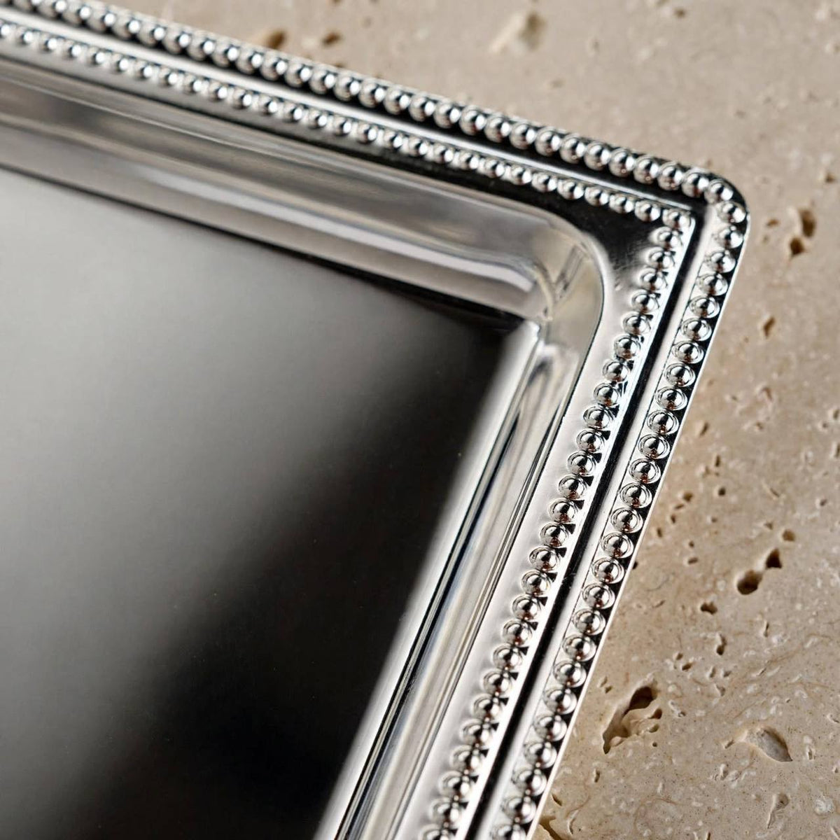 Classic All-Silver Stainless Steel Rectangular Serving Tray with Beaded Pearl Rim – 50 × 35 cm
